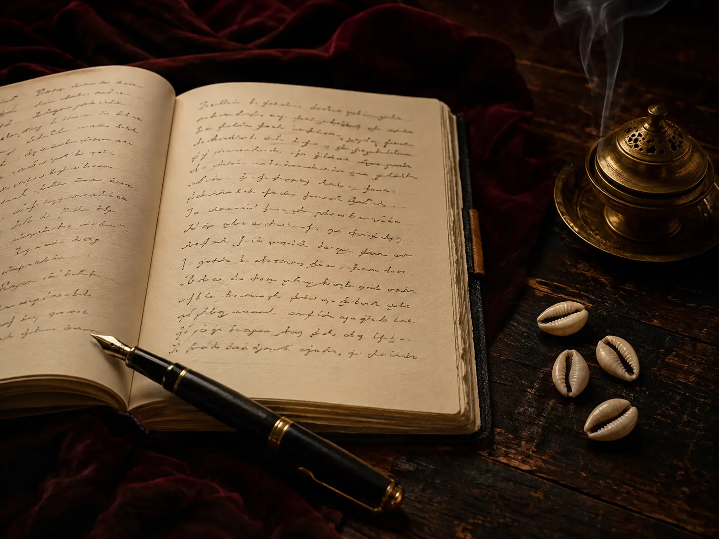 Caderno de estudo com perguntas e quatro búzios